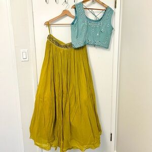 Seafoam Green Embellished Blouse with Mustard Yellow Lehenga